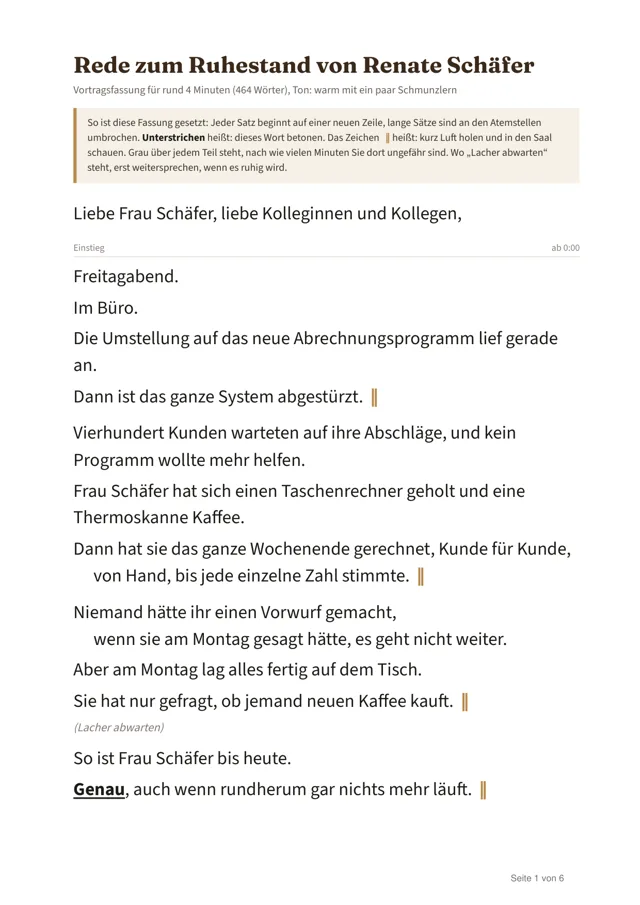 Erste Seite einer Vortragsfassung: Rede zum Ruhestand einer Kollegin, große Schrift, ein Satz je Zeile