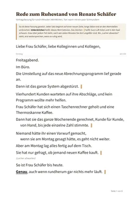 Erste Seite einer Vortragsfassung: Rede zum Ruhestand einer Kollegin, große Schrift, ein Satz je Zeile