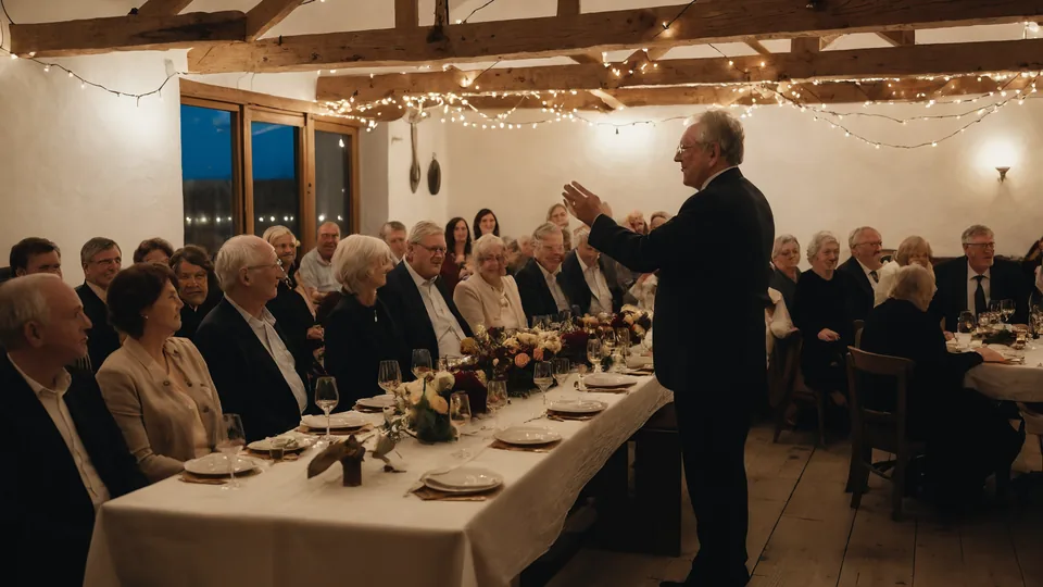 Ein Mann hält bei einer Familienfeier am Ende einer langen, festlich gedeckten Tafel eine Rede, die Gäste hören zu.